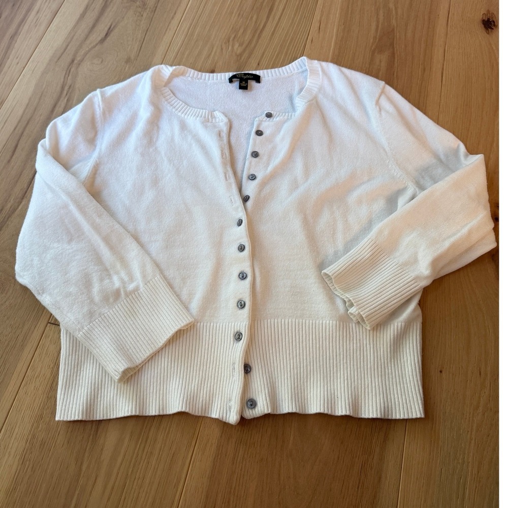 Cupio Cardigan Sweater Womens M White Button Front Cropped 3/4 Sleeve preppy